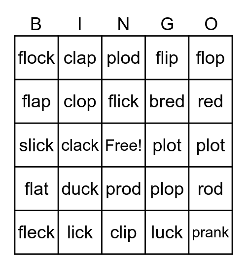 List 8 words Bingo Card