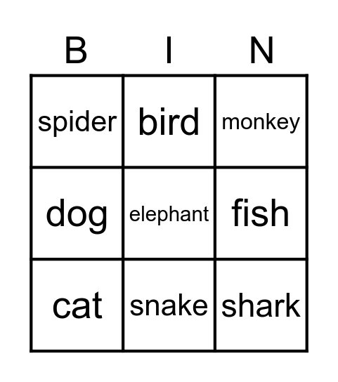 Animal bingo Card