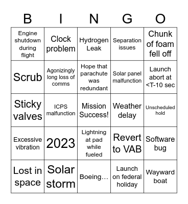 Artemis 1 Bingo Card