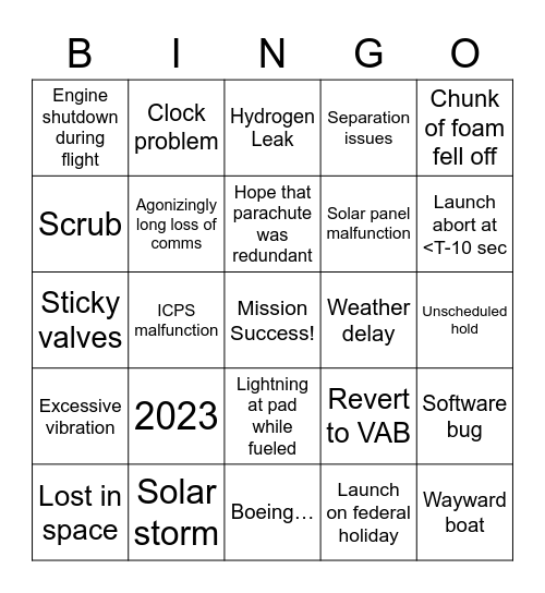 Artemis 1 Bingo Card