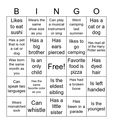 Get to know you BINGO Card