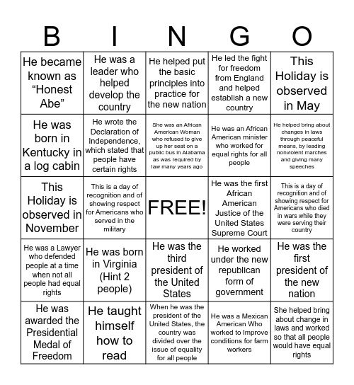 Americans who made Contributions/Days to Remember  Bingo Card