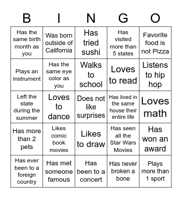 Middle School Bingo Card