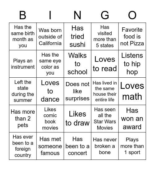 Middle School Bingo Card