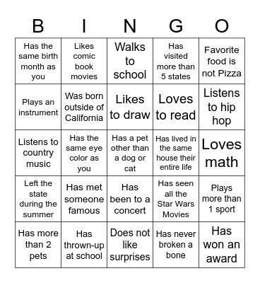 Middle School Bingo Card
