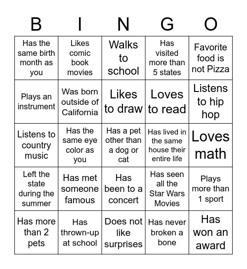 Middle School Bingo Card