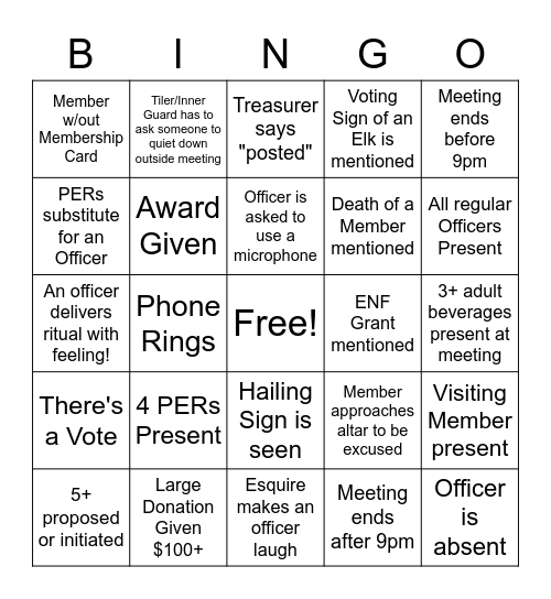 Lodge Meeting BINGO Card