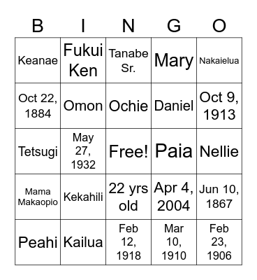 Tanabe Family Bingo Card