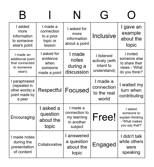 Class or Group Discussion Bingo Card