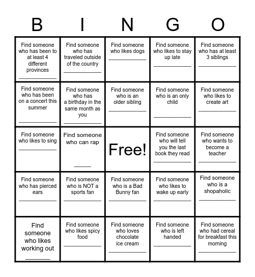 Find a Friend Bingo Card