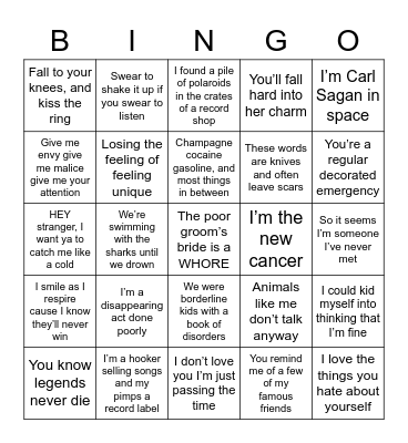 Panic! Lyrics Bingo Card