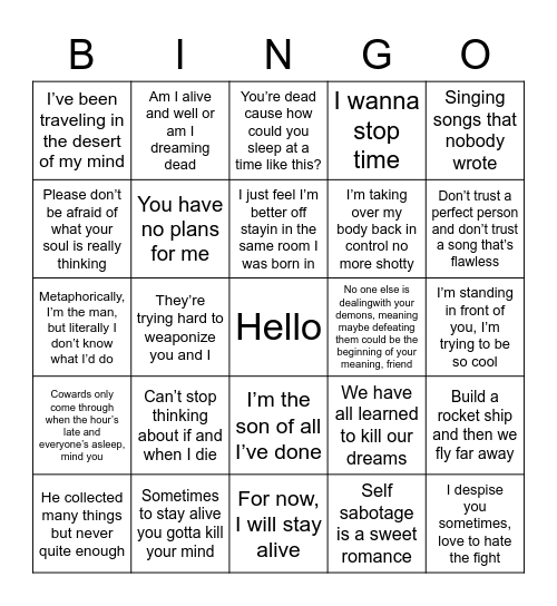 Twenty One Pilots lyrics Bingo Card