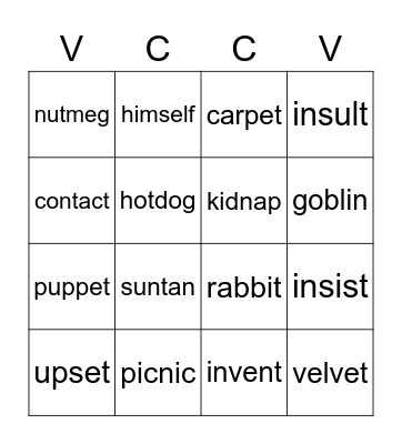VCCV Bingo Card