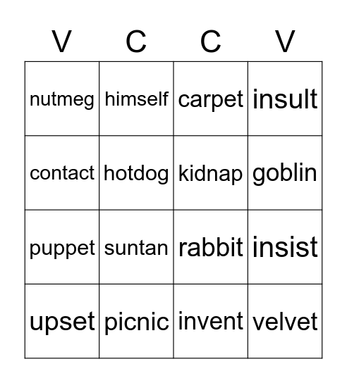 VCCV Bingo Card