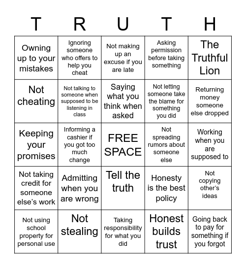 Integrity Bingo Card