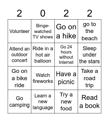 Summer bucket list Bingo Card