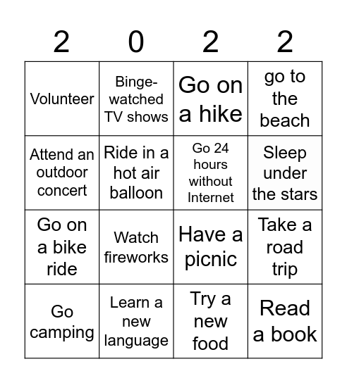 Summer bucket list Bingo Card