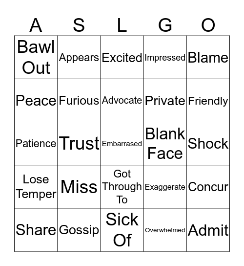 Let's Talk About Our Feelings List 4 Bingo Card