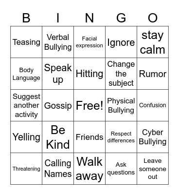Bullying Bingo Card