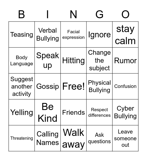 Bullying Bingo Card