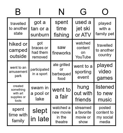 Over the Summer, I... Bingo Card