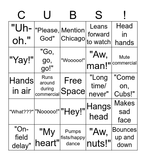 Watch Mommy Watch the Cubs Game Bingo Card