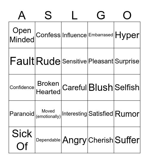 Let's Talk About Our Feelings List 5 Bingo Card