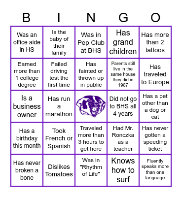 BHS Class of '87 Icebreaker Bingo Card