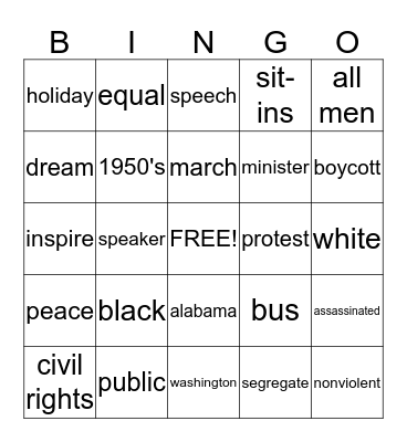 Martin Luther King J.R. Bingo Card