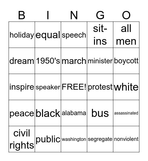 Martin Luther King J.R. Bingo Card
