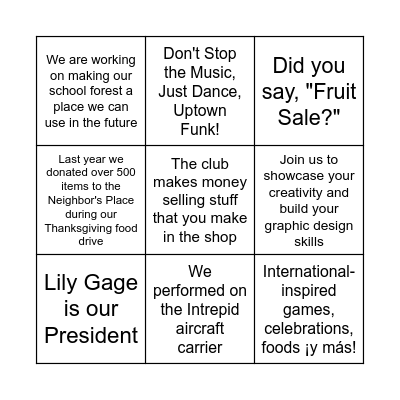 MHS Student Organizations Bingo Card