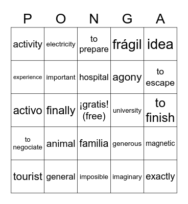 Cognates Bingo Card