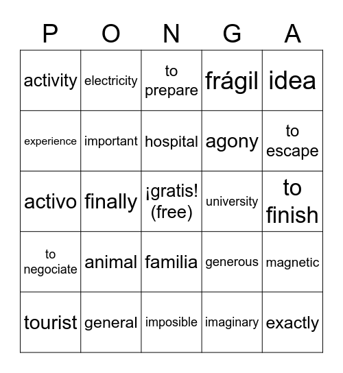 Cognates Bingo Card