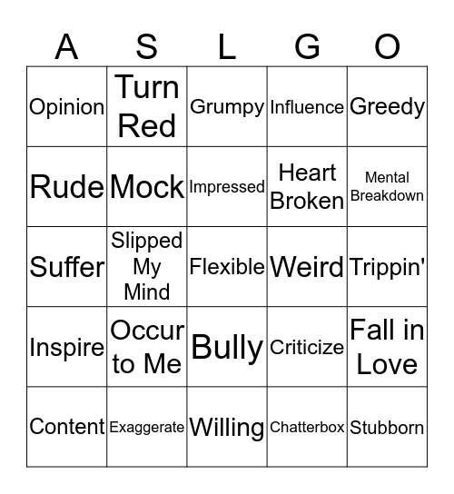Let's Talk About Our Feelings List 6 Bingo Card