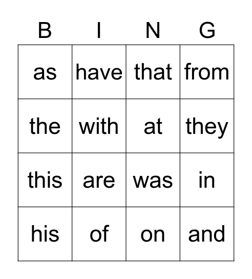 Fry most missed 1-25 Bingo Card