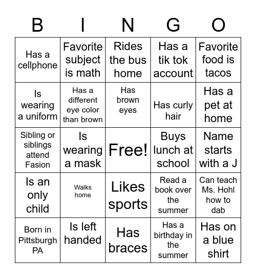 Classmate Bingo Card