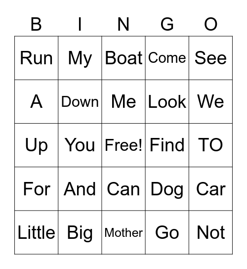 Sight Word Bingo Card