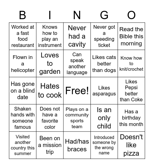 BINGO MINGLE Bingo Card