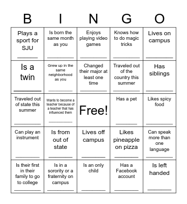 First Day of Class Bingo Card