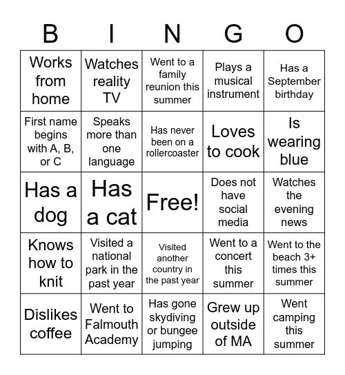 Parent Bingo Card