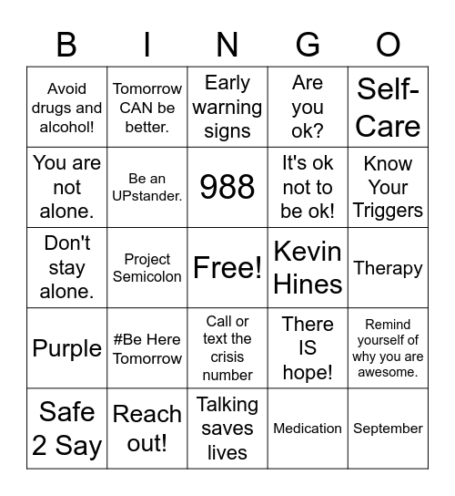 Suicide Prevention Bingo Card