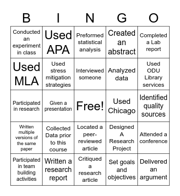 Research Skill Bingo Card