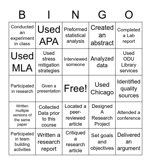 Research Skill Bingo Card