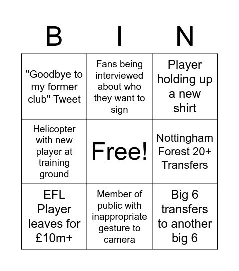Transfer Deadline Day Bingo Card