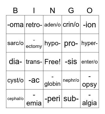 Medical Terminology: Basic Word Structure Bingo Card