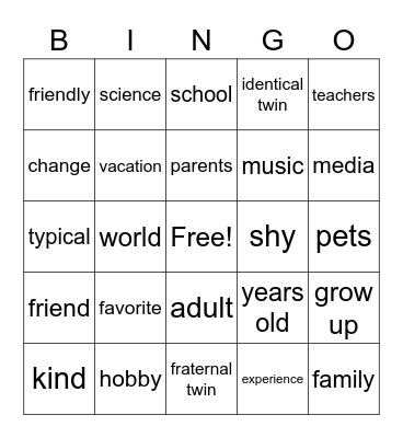 Unit 1 Vocabulary Bingo Card