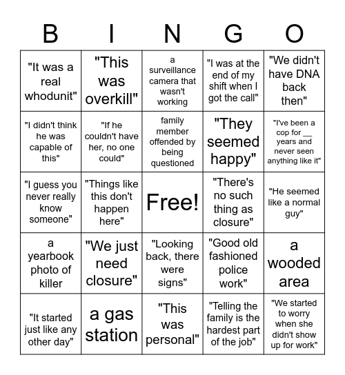 Murder Show Bingo Card