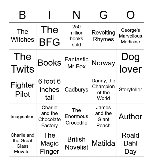 Roald Dahl Bingo Card