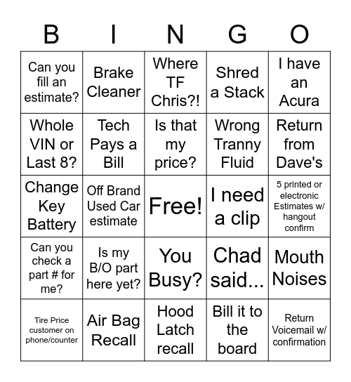 In - Mouth Noises / Out - No B/O on Honda order Bingo Card