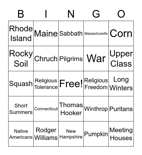 New England Colonies Bingo Card